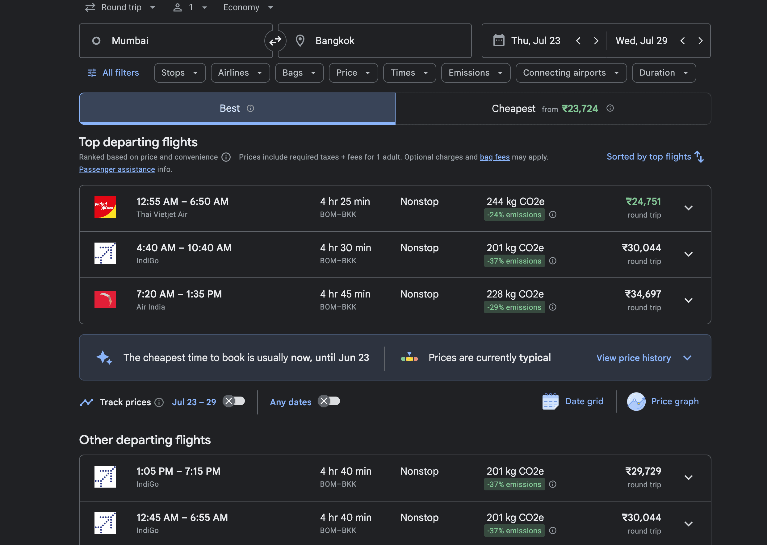 Google flights from Mumbai to Bangkok round trip