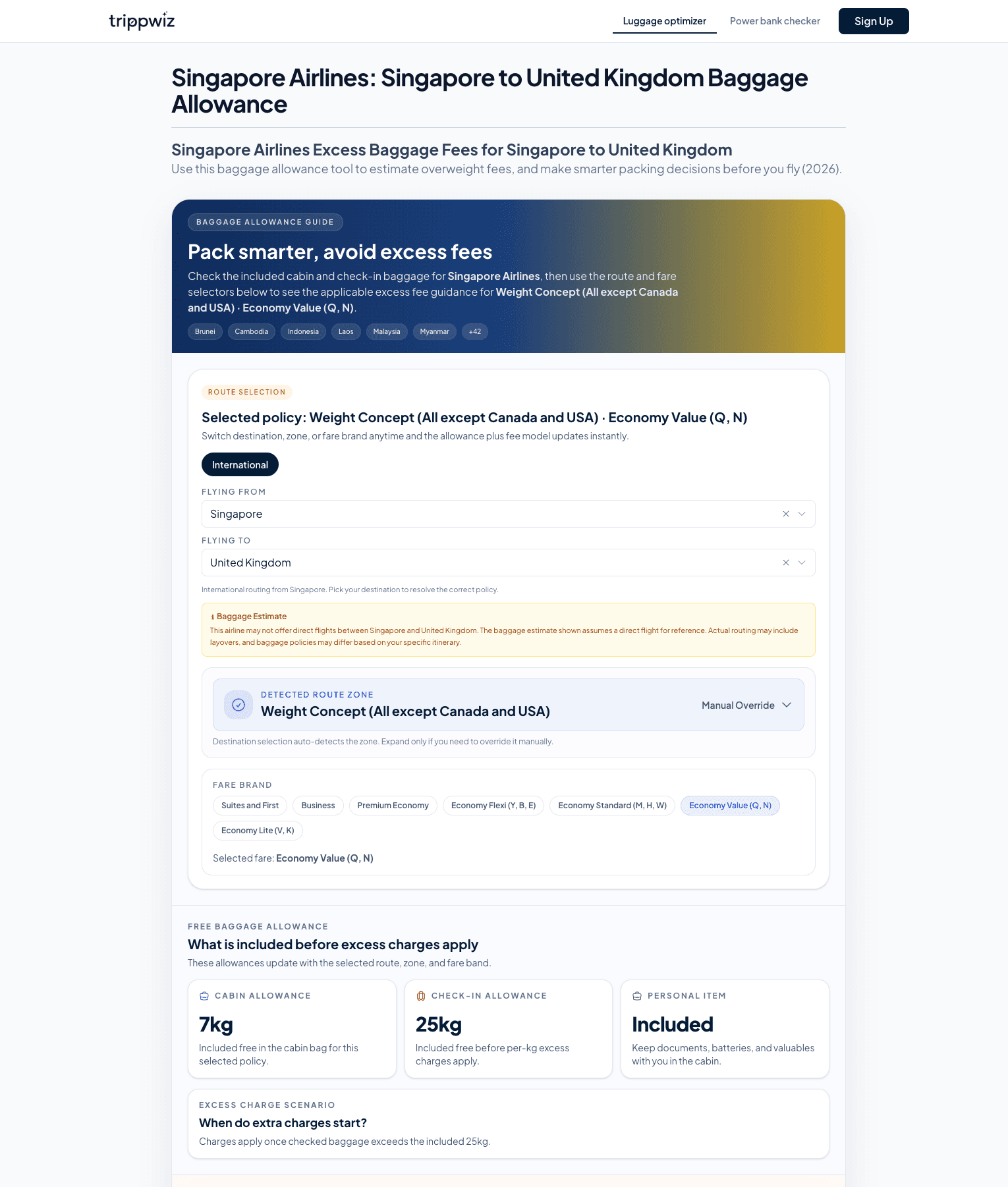 Trippwiz luggage allowance tool - Singapore Airlines