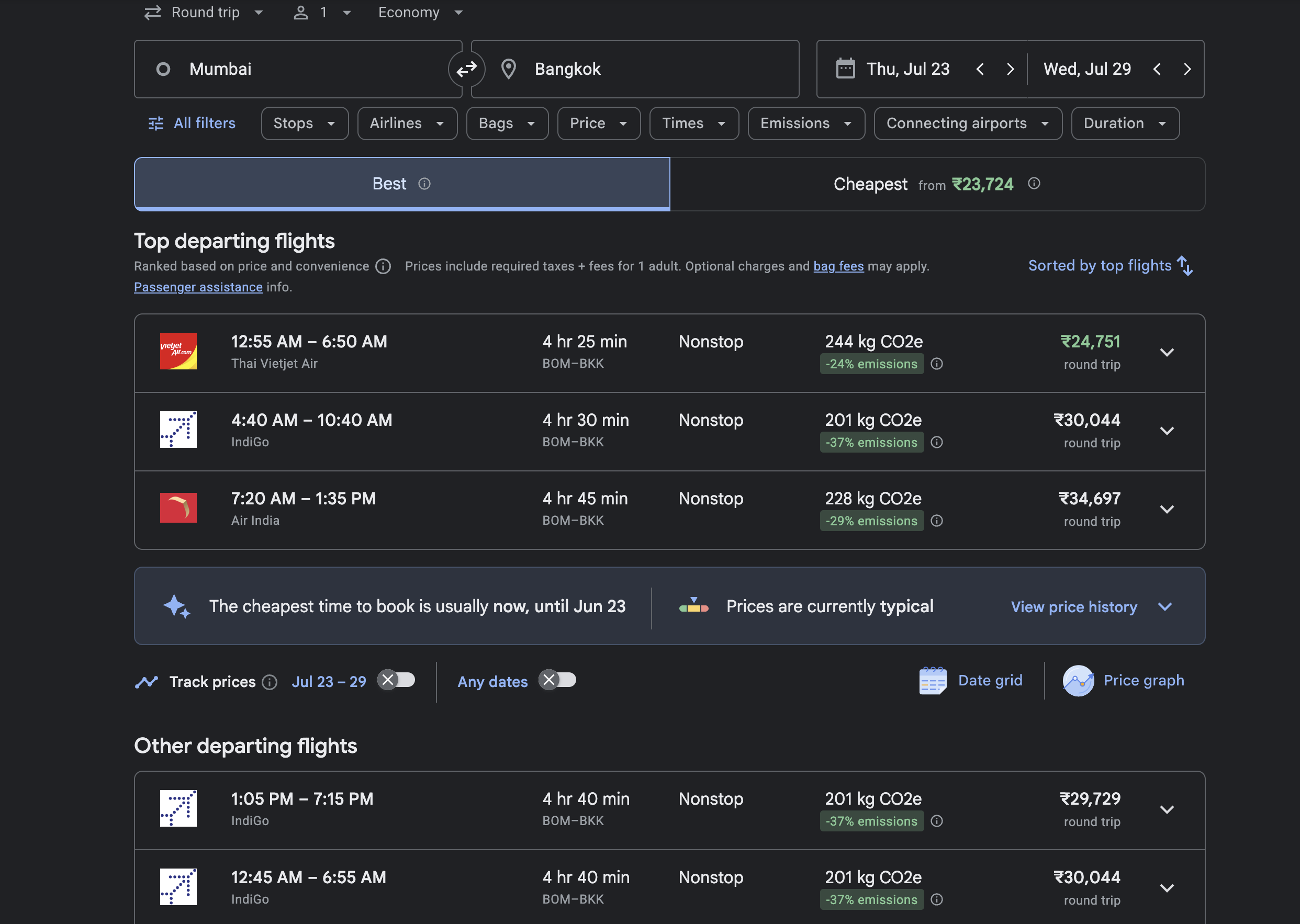 Google flights from Mumbai to Bangkok round trip